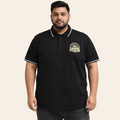 Plus size black graphic pique polo shirt with beach logo cotton XL-6XL