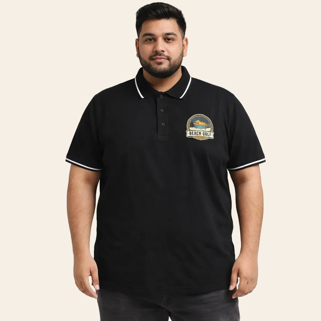 Plus size black graphic pique polo shirt with beach logo cotton XL-6XL