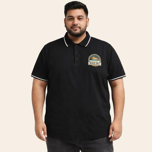 Plus size black graphic pique polo shirt with beach logo cotton XL-6XL