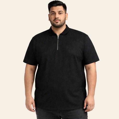 Plus size black micro pattern zip polo shirt cotton XL-6XL