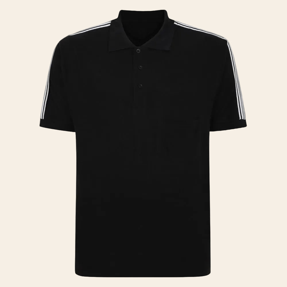 Black polo shirt with white stripes on sleeves against a white background