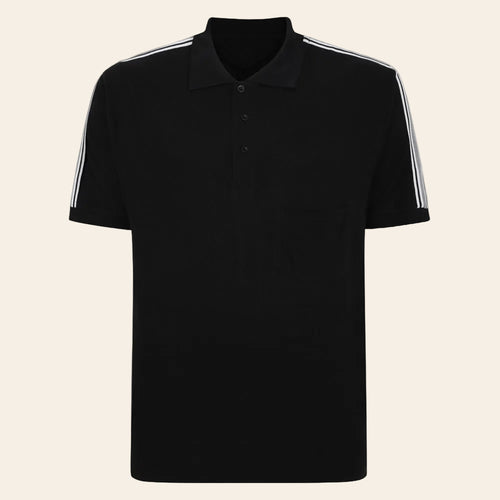 Black polo shirt with white stripes on sleeves against a white background