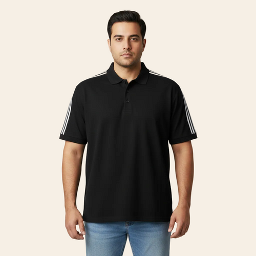 Man wearing a black polo shirt with white stripes on a gray background