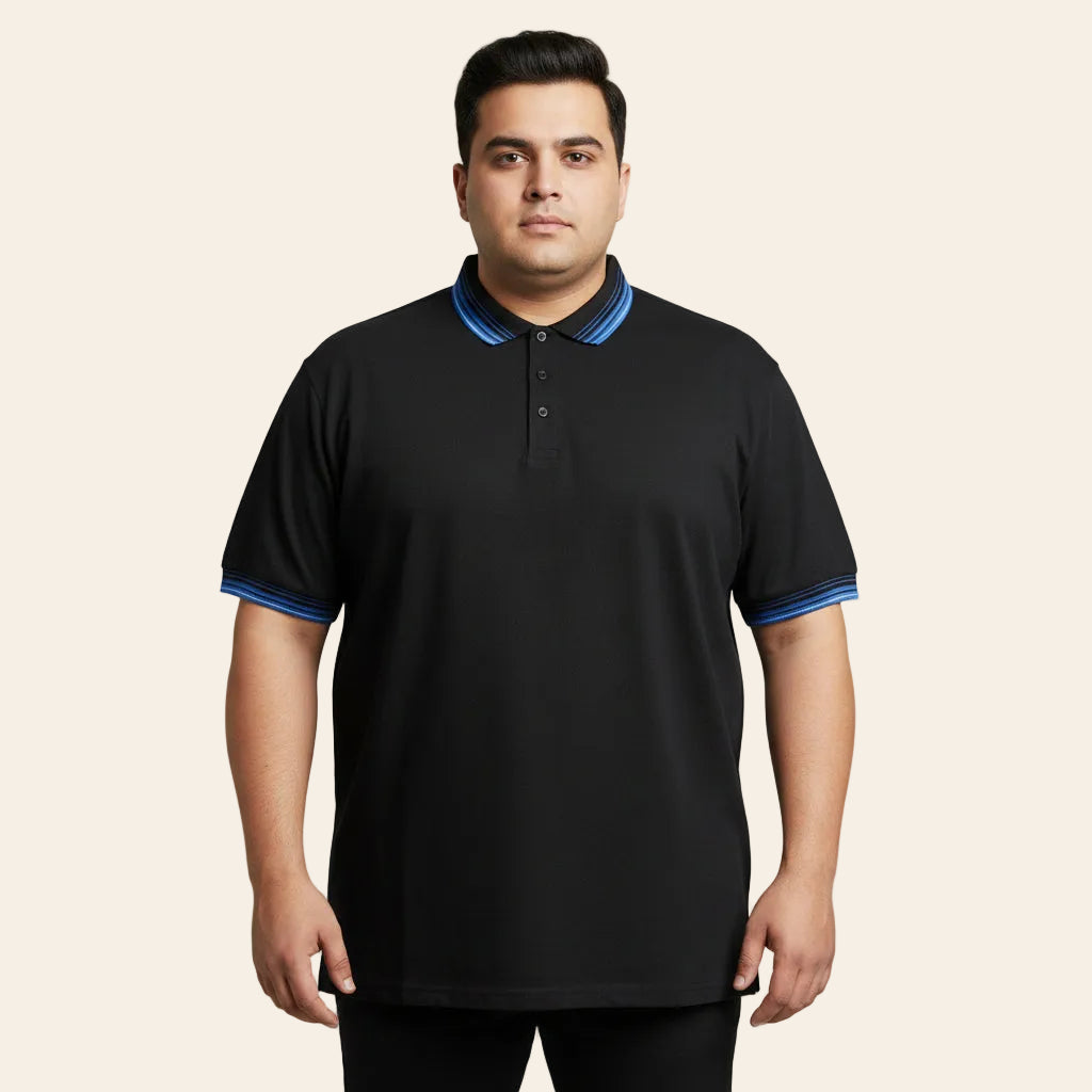 Black cotton polo shirt with contrast tipped collar made from 100% cotton by Bigwear.pk modern everyday essential mens casual wear.