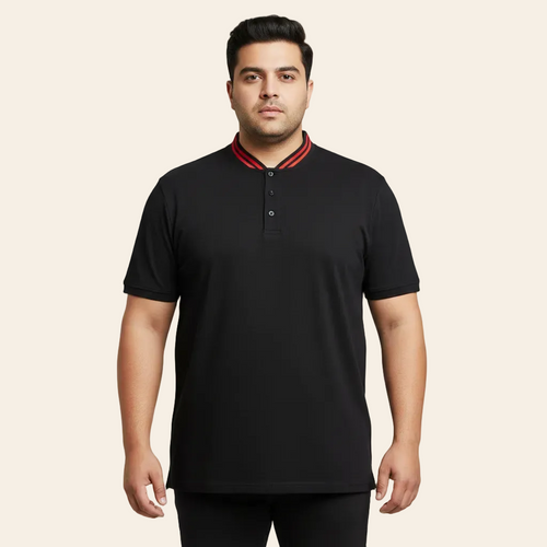 Black Grandad Collar Polo Shirt Tipped Collar 100% Cotton Casual Wear