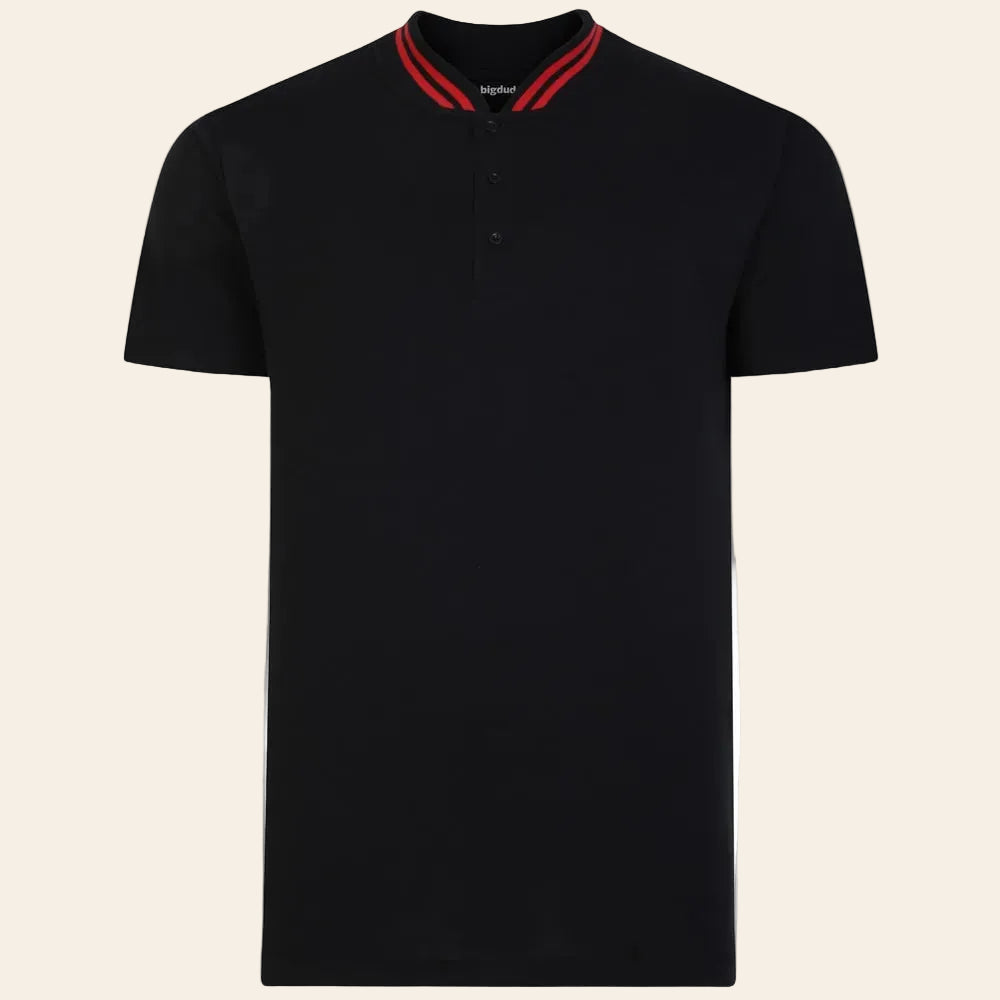 Black Grandad Collar Polo Shirt Tipped Collar 100% Cotton Casual Wear
