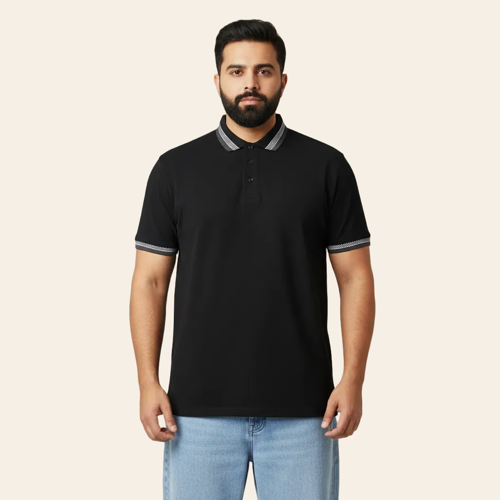 Plus size black jacquard contrast polo shirt with striped collar cotton