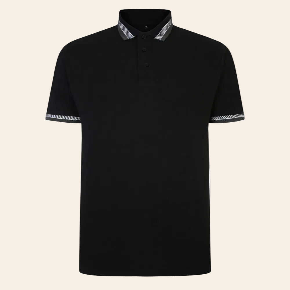 Plus size black jacquard contrast polo shirt with striped collar cotton