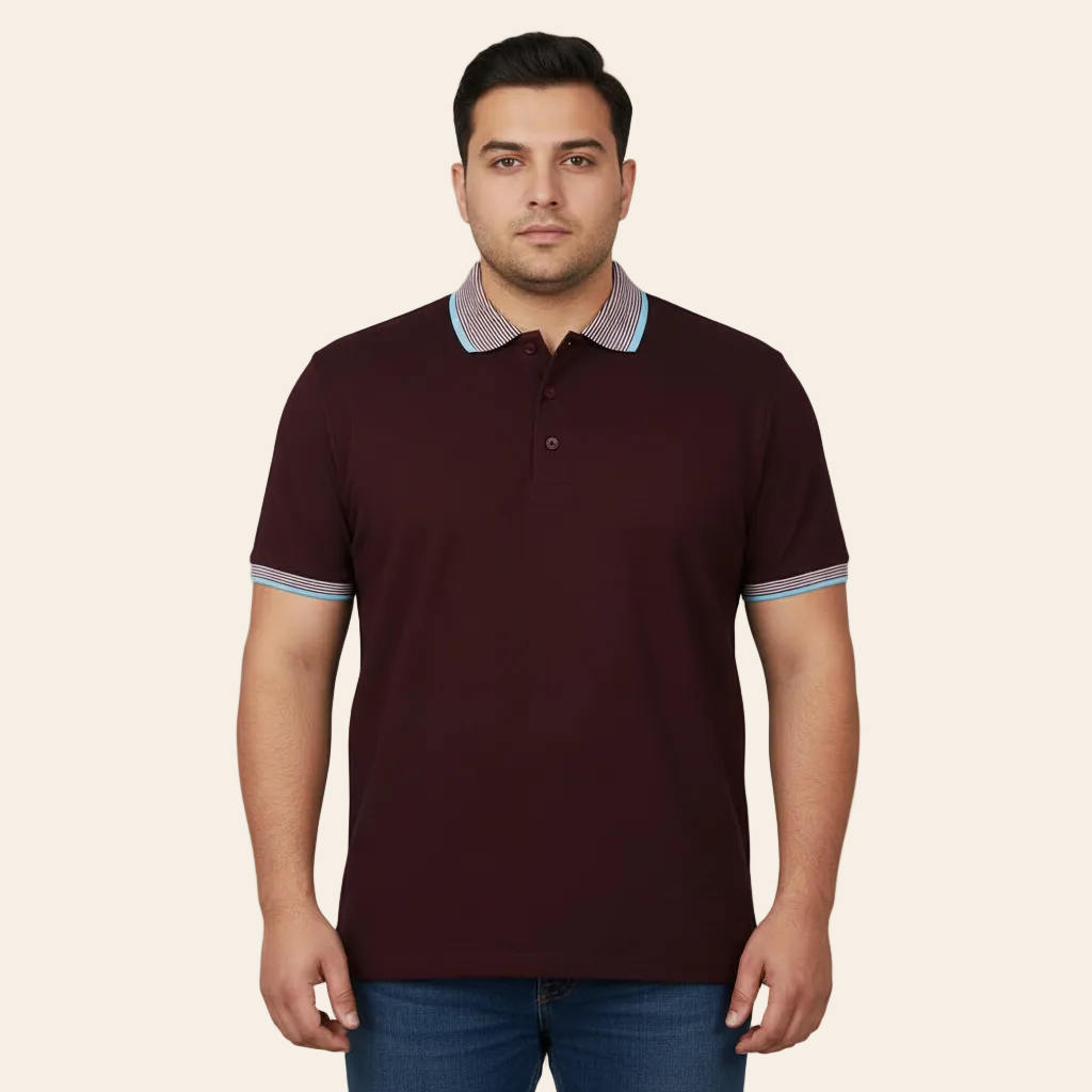 Burgundy two-tone polo shirt with contrast striped collar and sleeve tipping by Bigwear.pk