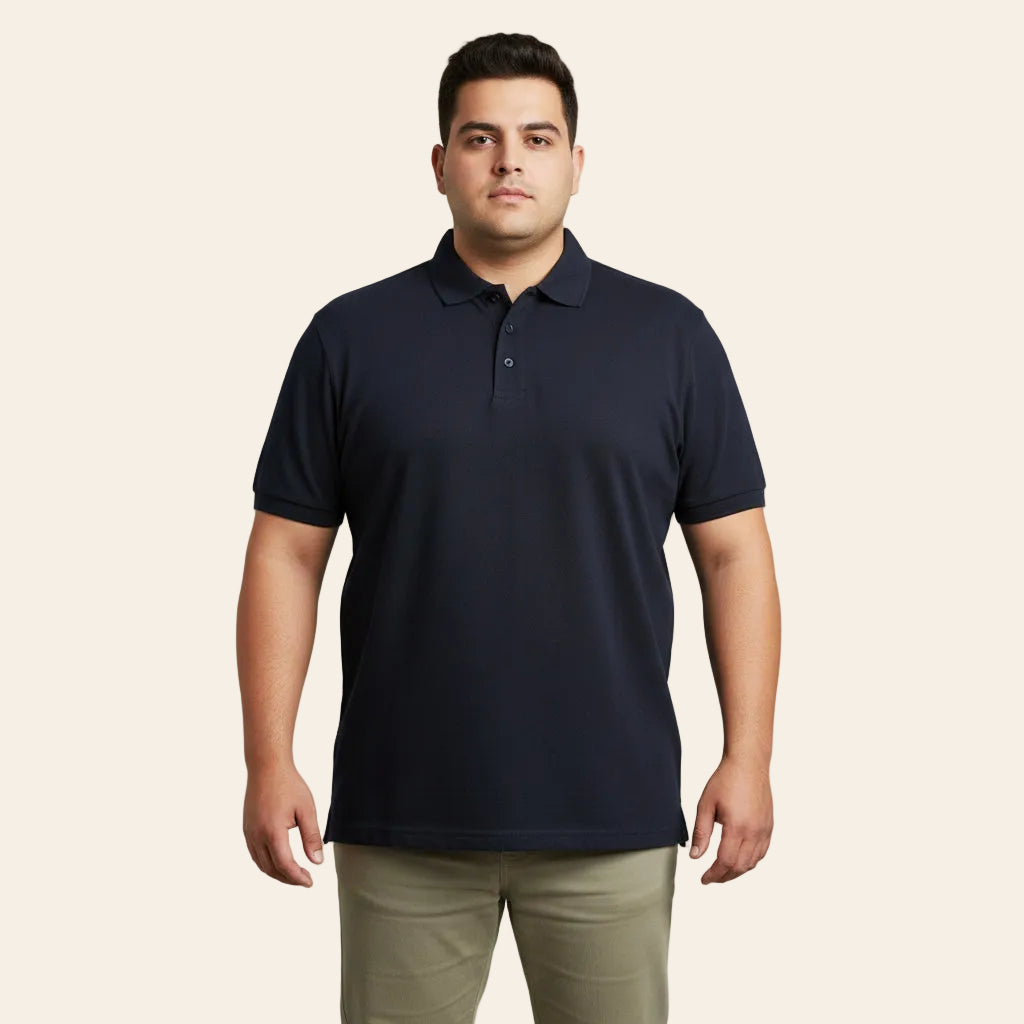 Navy poly cotton polo shirt with short sleeves and classic collar
