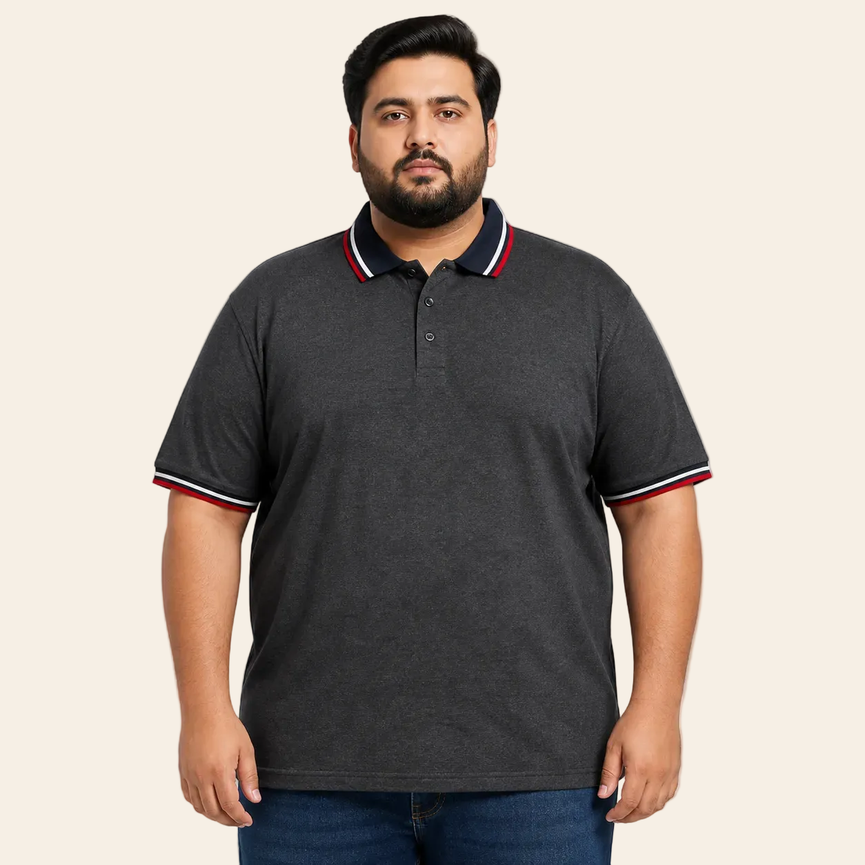 Heather charcoal contrast trim polo shirt casual fit cotton polyester mens polo shirt front view