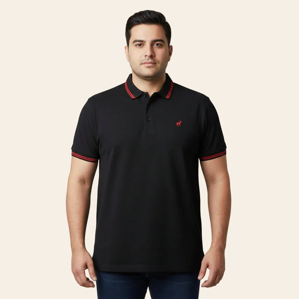 Luxury black polo shirt with red trim soft breathable fabric tall fit 39 inch length Bigwear.pk