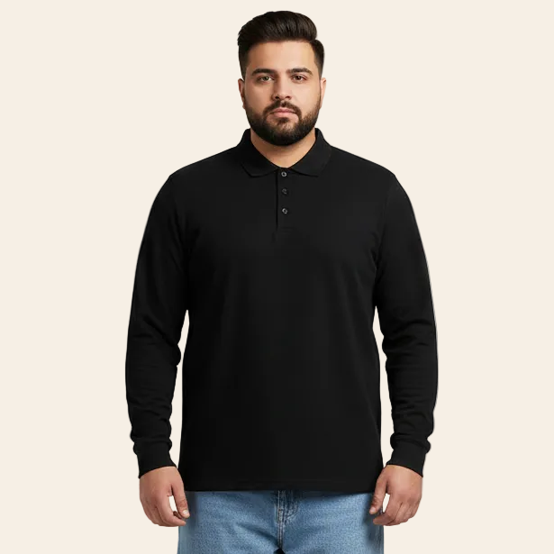 Midnight Black Polo Shirt Long Sleeve Cotton BG-135
