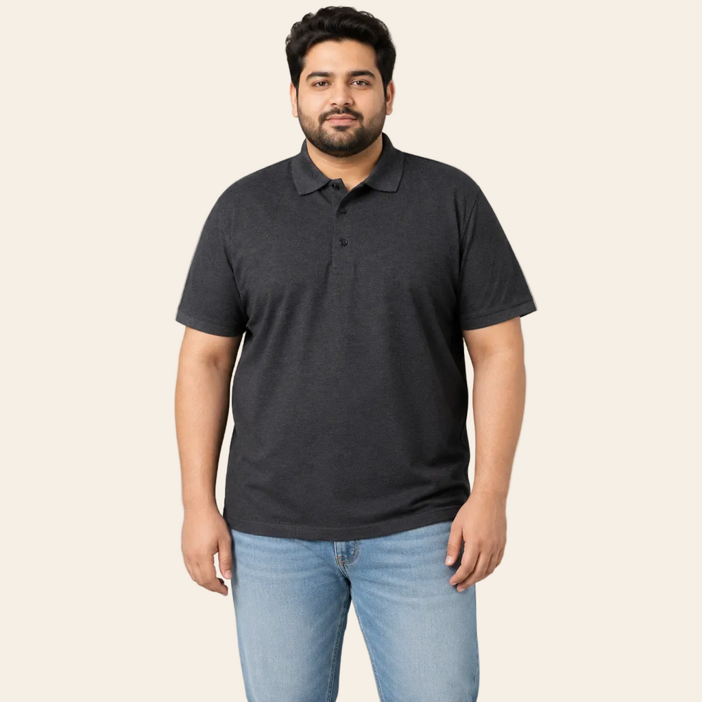 Midnight Charcoal Essential Polo Shirt in soft cotton fabric featuring classic collar, short sleeves and clean minimal design for comfortable everyday wear by Bigwear.pk.