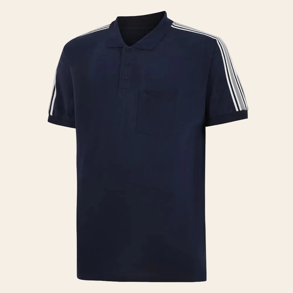 Navy blue shoulder stripe polo shirt with white striped detailing on sleeves, chest pocket, short sleeves, and three button placket on a plain background.
