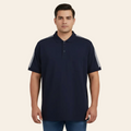 Navy blue shoulder stripe polo shirt with white striped detailing on sleeves, chest pocket, short sleeves, and three button placket on a plain background.