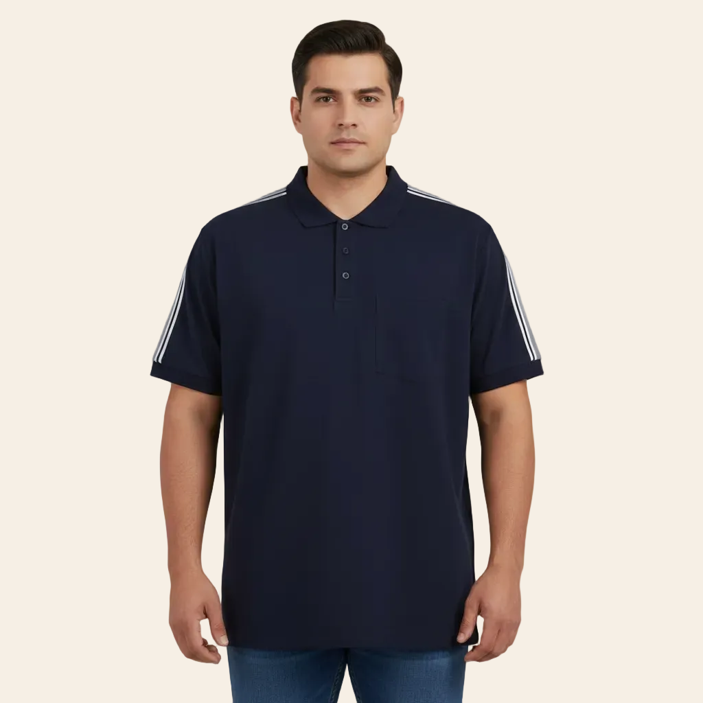 Navy blue shoulder stripe polo shirt with white striped detailing on sleeves, chest pocket, short sleeves, and three button placket on a plain background.