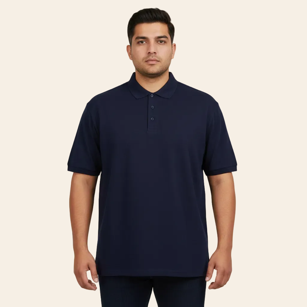Navy blue cotton pique polo shirt with ribbed collar and classic fit