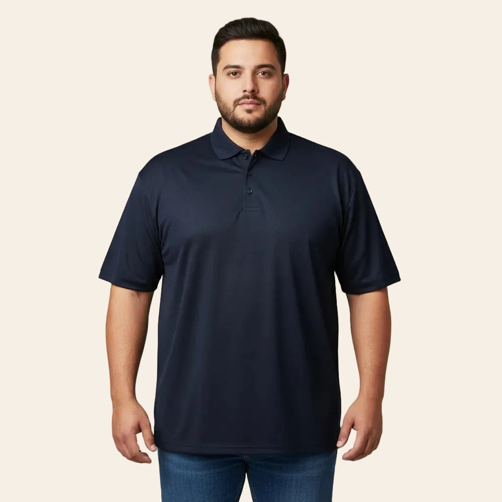navy blue polyester polo shirt smooth finish short sleeve performance fit breathable fabric Bigwear.pk