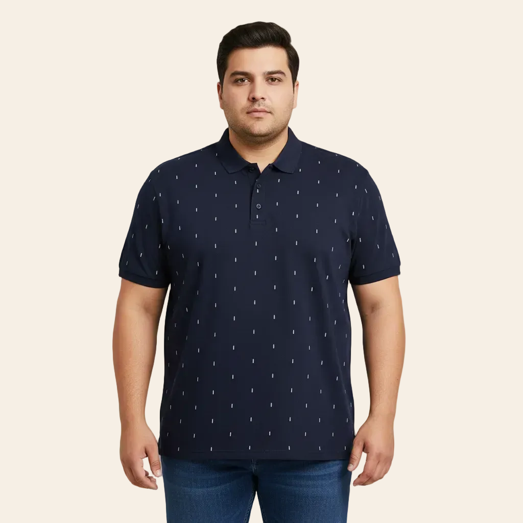 Navy blue cotton polo shirt with subtle geometric print for men