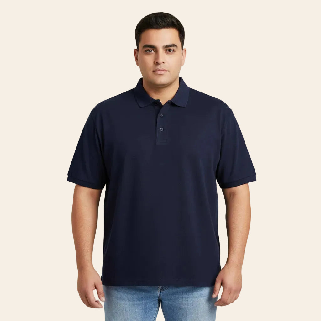 Navy blue plain cotton polo shirt with ribbed collar and short sleeves