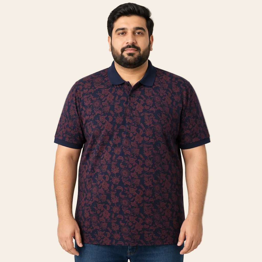 Navy floral print polo shirt made from soft cotton jersey fabric with short sleeves and three button placket by Bigwear.pk
