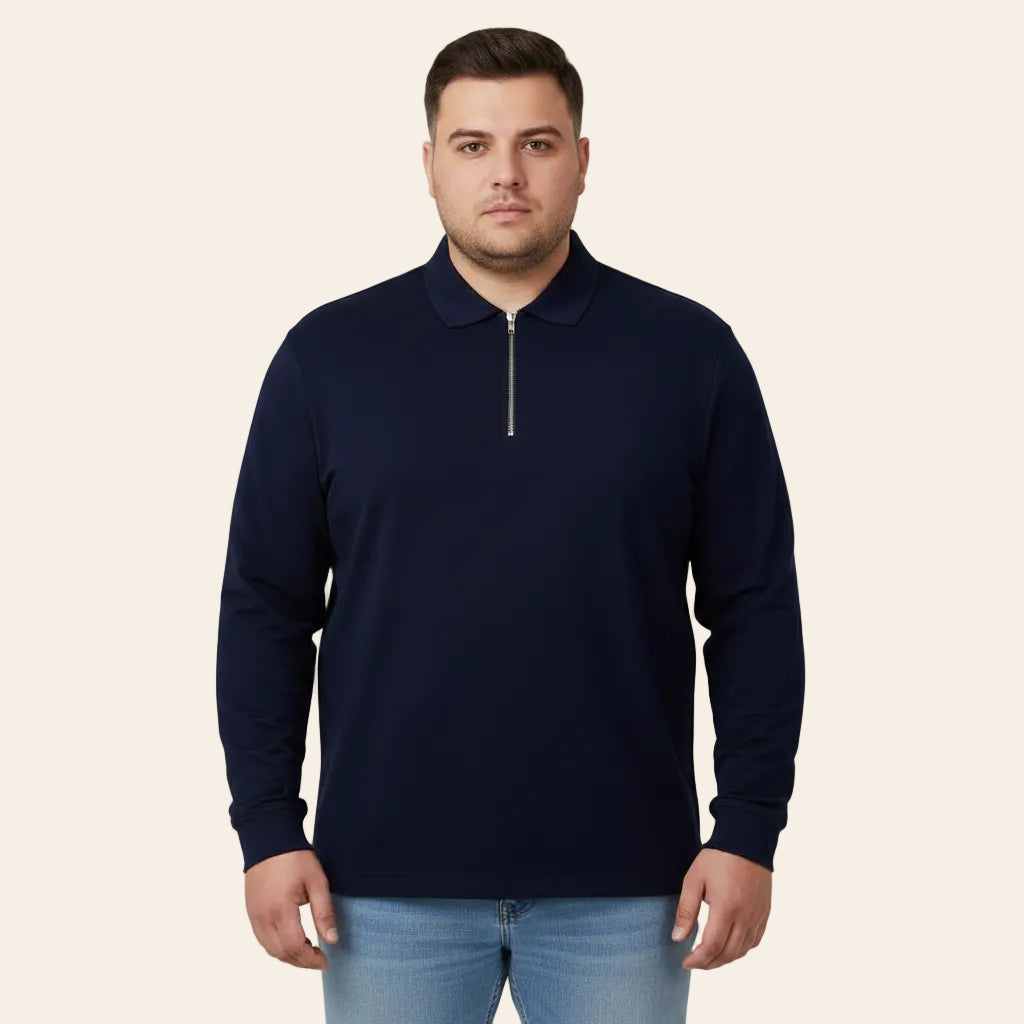 Navy long sleeve jersey polo shirt with zip neck and flat knit collar made from 100% cotton by Bigwear.pk smart casual mens polo shirt.