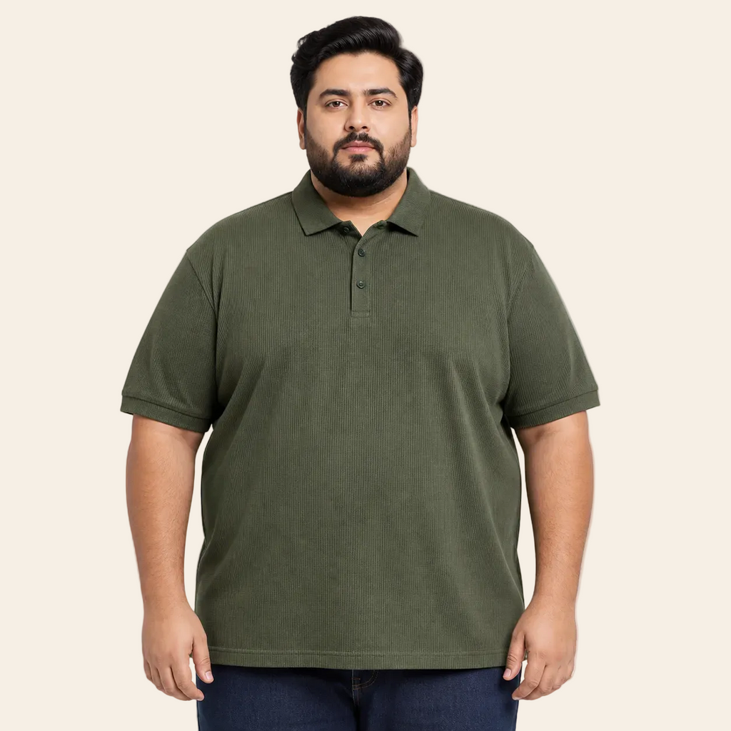 Olive green drop needle textured cotton polo shirt short sleeve
