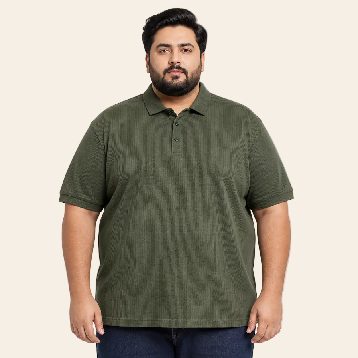 Olive green drop needle textured cotton polo shirt short sleeve