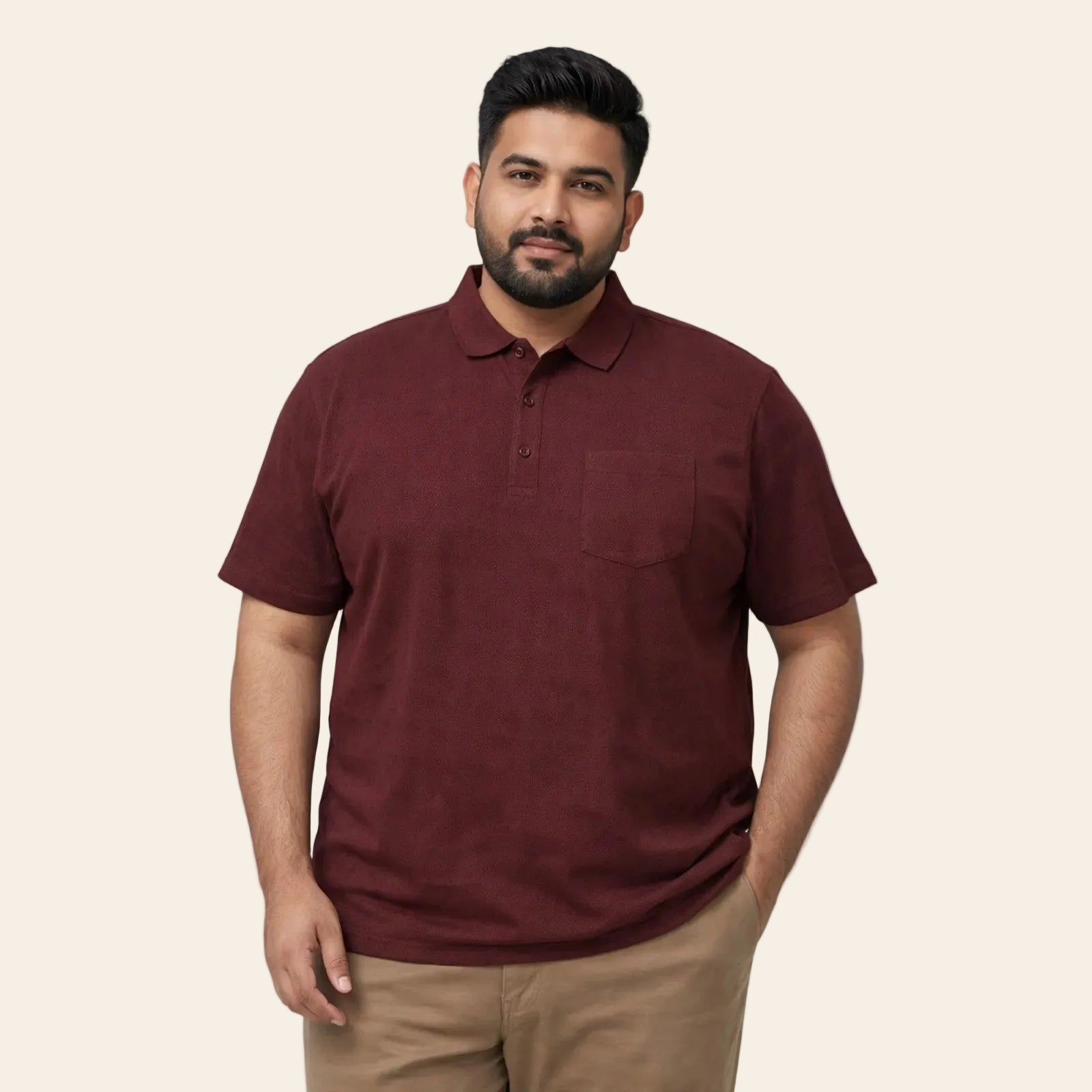 Premium burgundy jacquard cotton polo shirt with chest pocket plus size