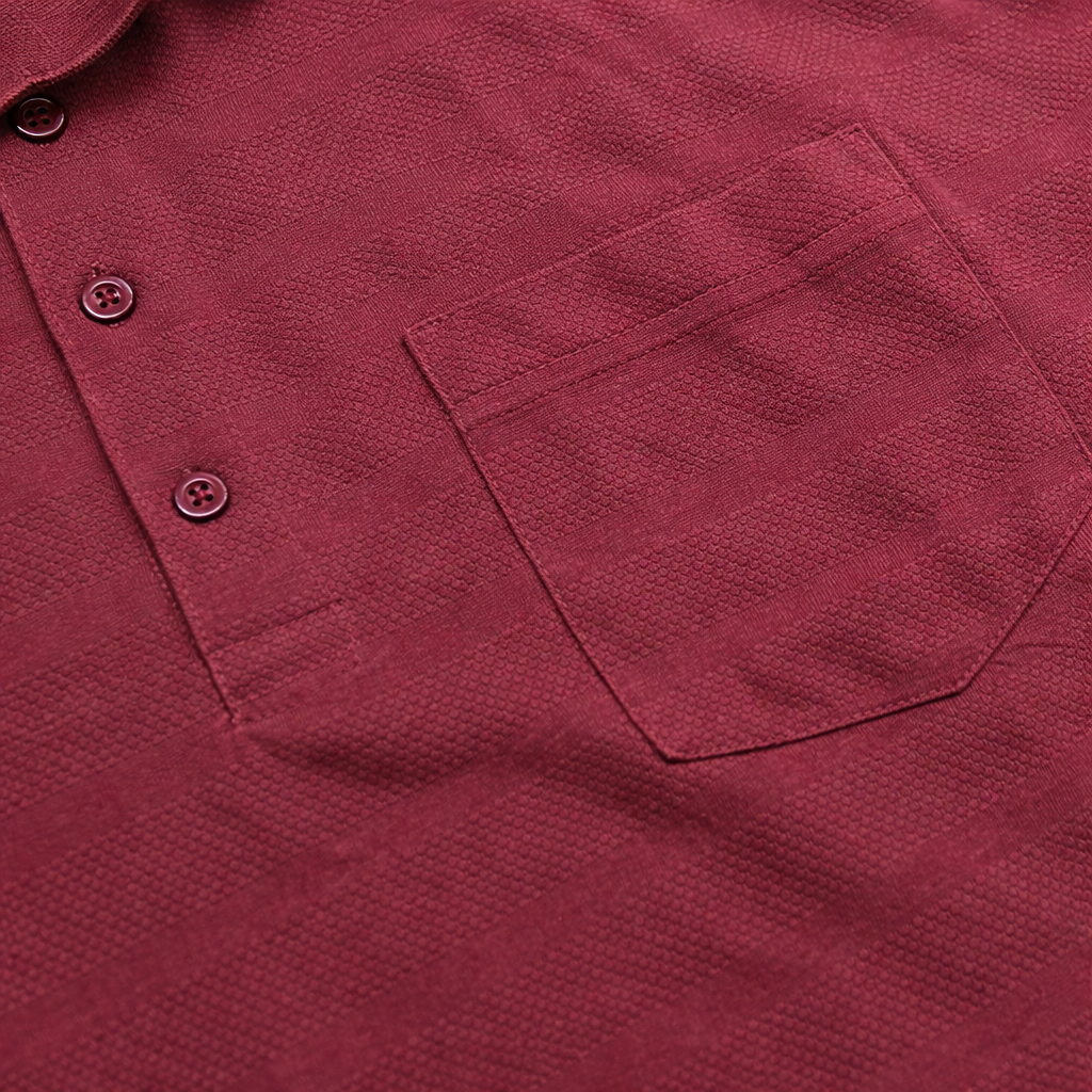 Premium burgundy jacquard cotton polo shirt with chest pocket plus size