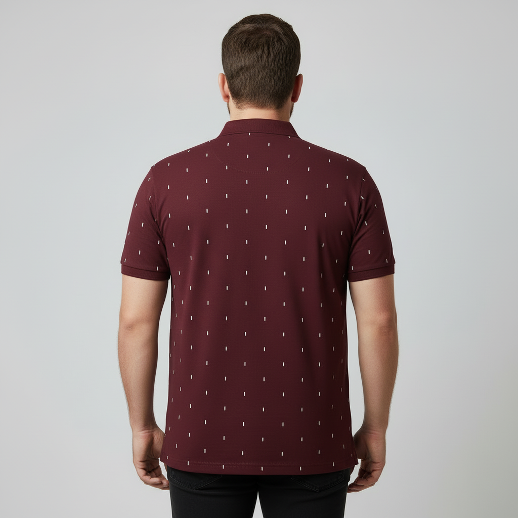 Burgundy geometric pattern polo shirt for men cotton short sleeve