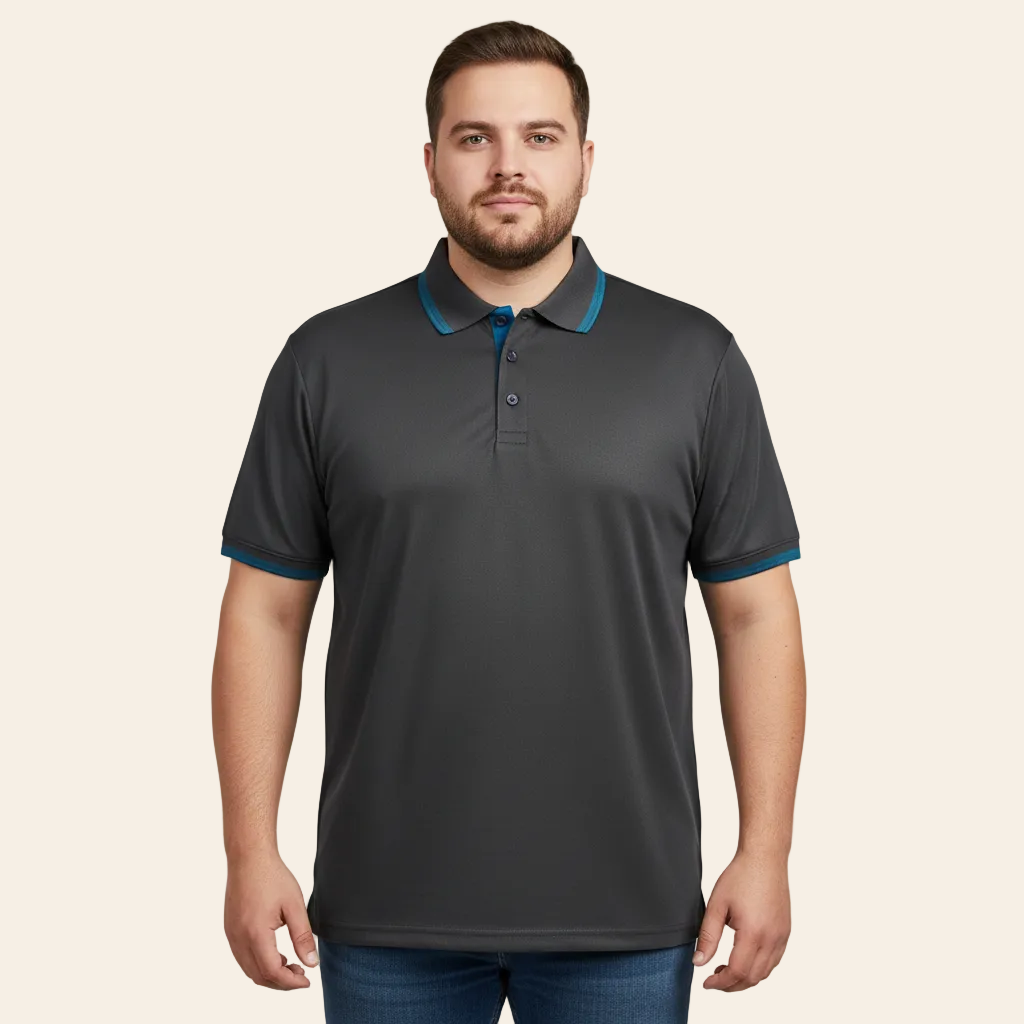 Premium charcoal polo shirt with blue contrast trim for men front view