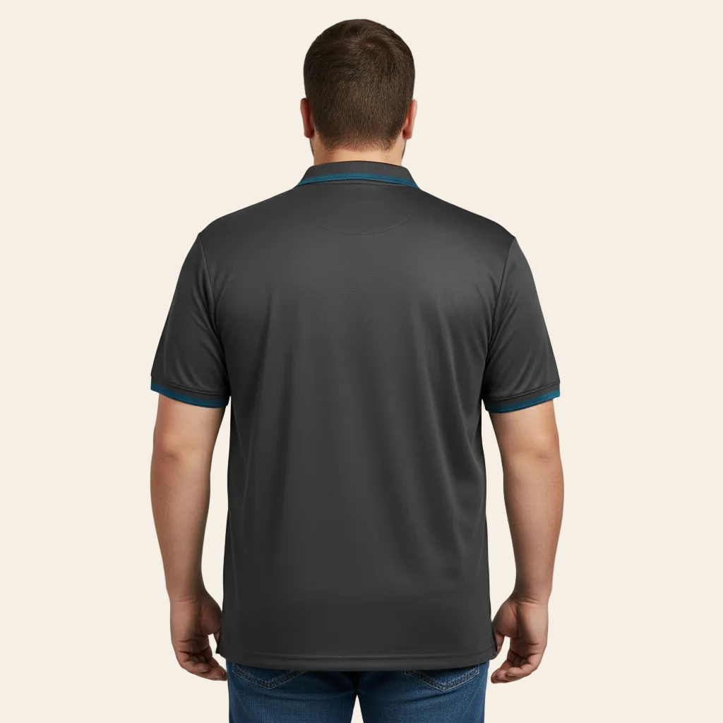 Premium charcoal polo shirt with blue contrast trim for men back view
