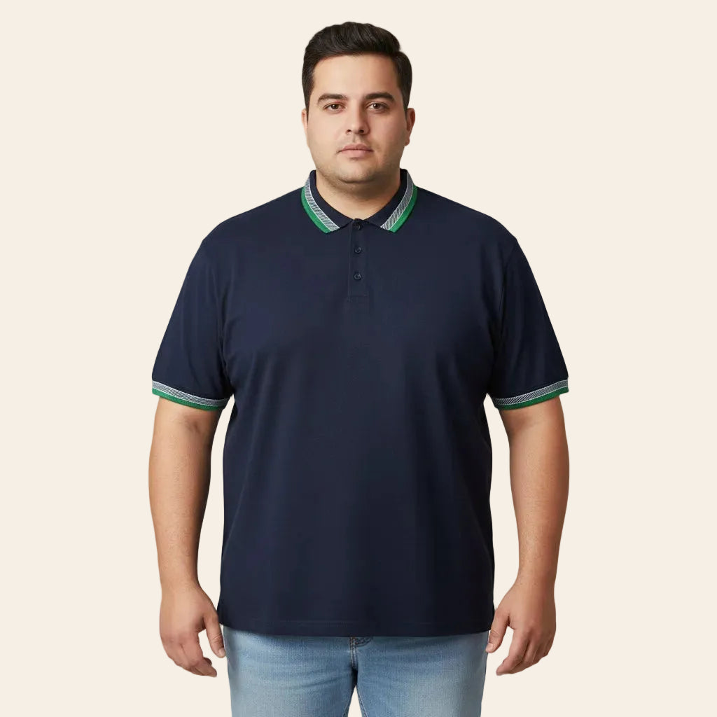 Plus size navy polo shirt with contrast collar and sleeve trim for men