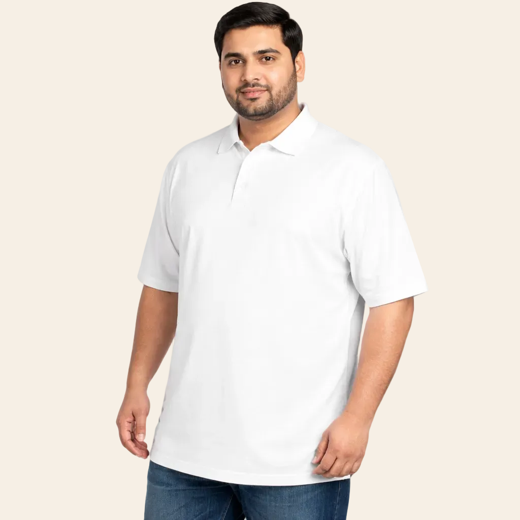 Premium white polo shirt for men in soft cotton blend fabric, breathable comfortable fit, short sleeves classic collar, clean minimal style, ideal for casual and smart casual wear, high quality 2XL size apparel