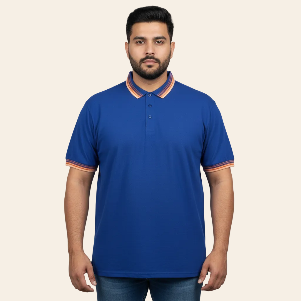 Royal blue polo shirt with contrast collar trim cotton short sleeve men