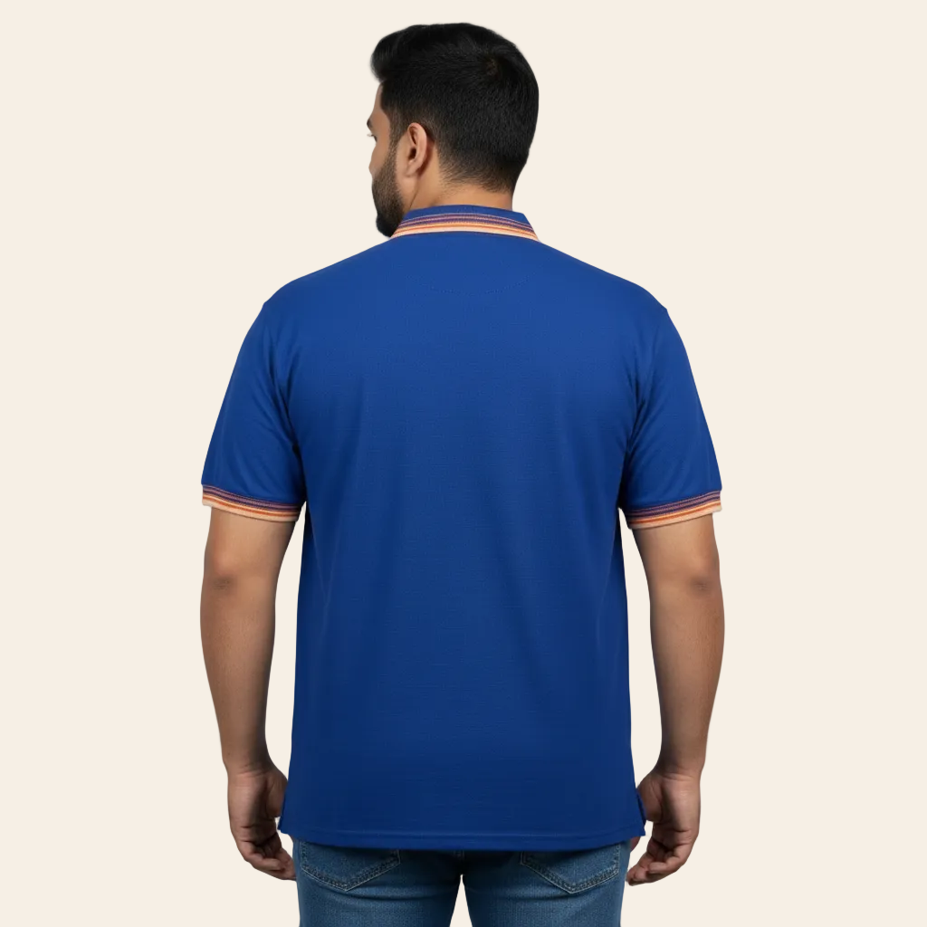 Royal blue polo shirt with contrast collar trim cotton short sleeve men