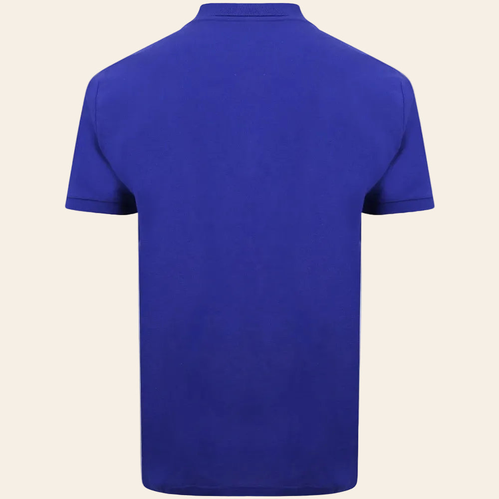 Cobalt blue plain polo shirt with ribbed collar and three button placket