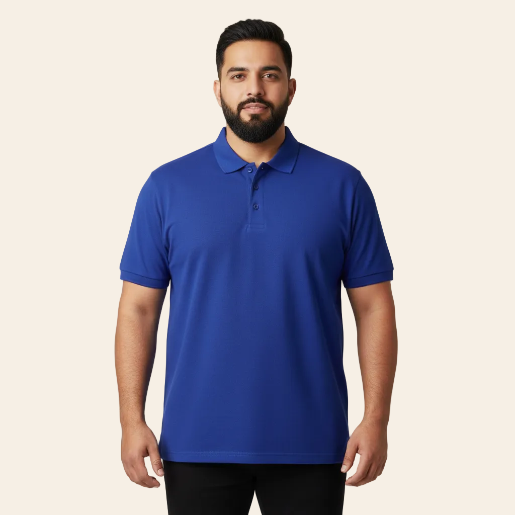 Cobalt blue plain polo shirt with ribbed collar and three button placket