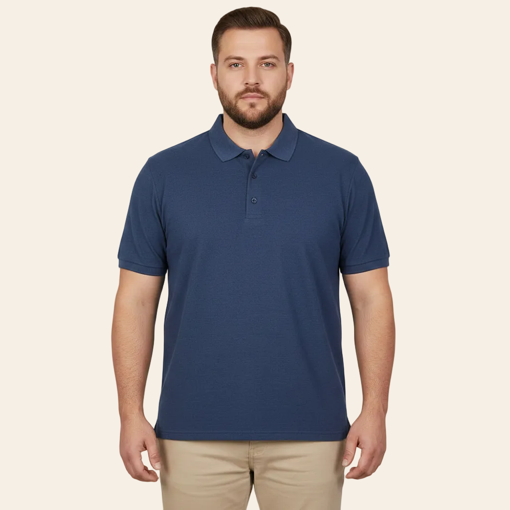 Signature Denim Blue Polo Shirt with refined textured fabric, classic collar design and smart casual style for everyday wear by Bigwear.pk.