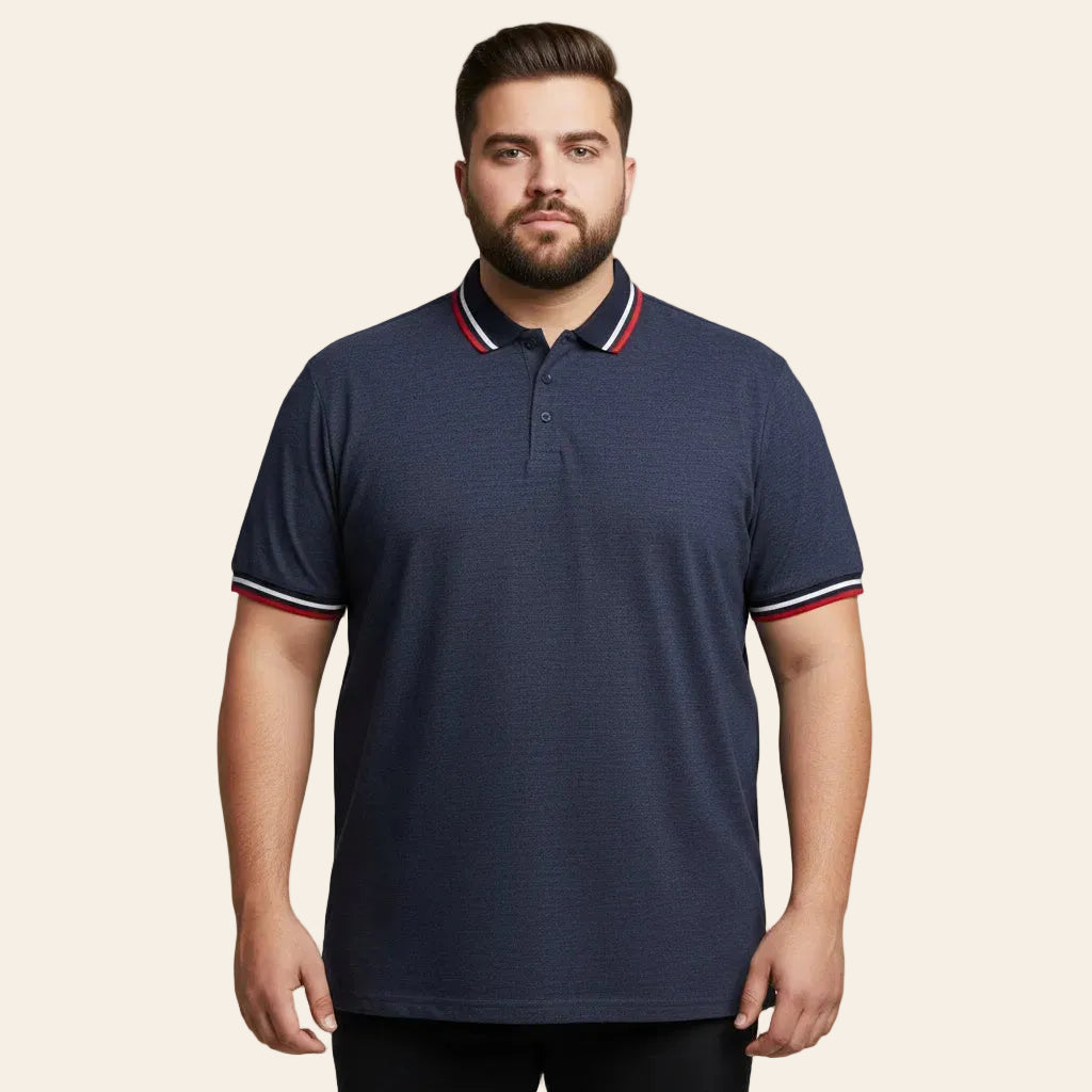 Heather navy polo shirt with tipped collar cotton polyester fabric