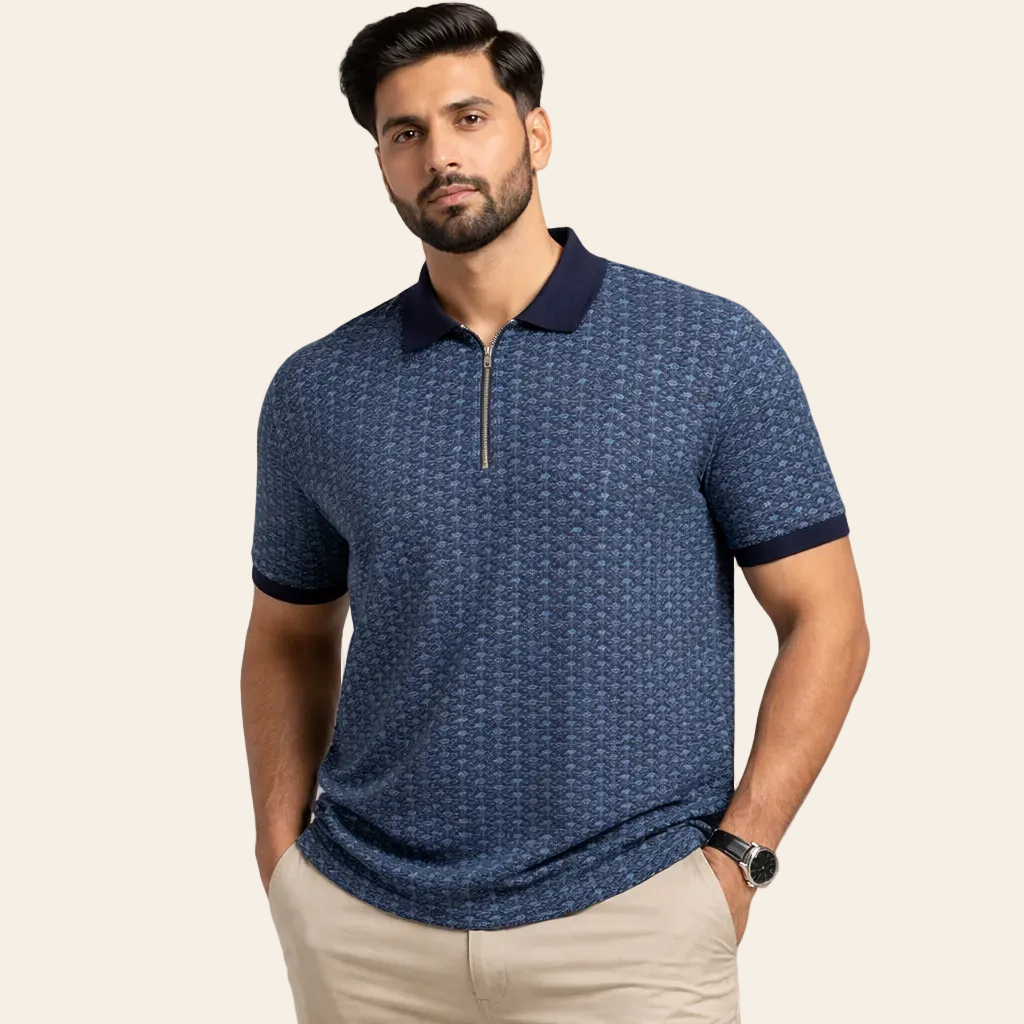 Navy micro print polo shirt with zip front short sleeves cotton fabric