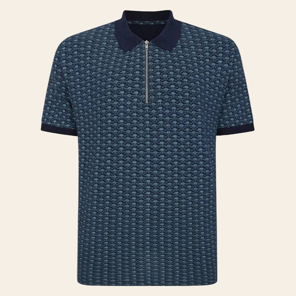 Navy micro print polo shirt with zip front short sleeves cotton fabric