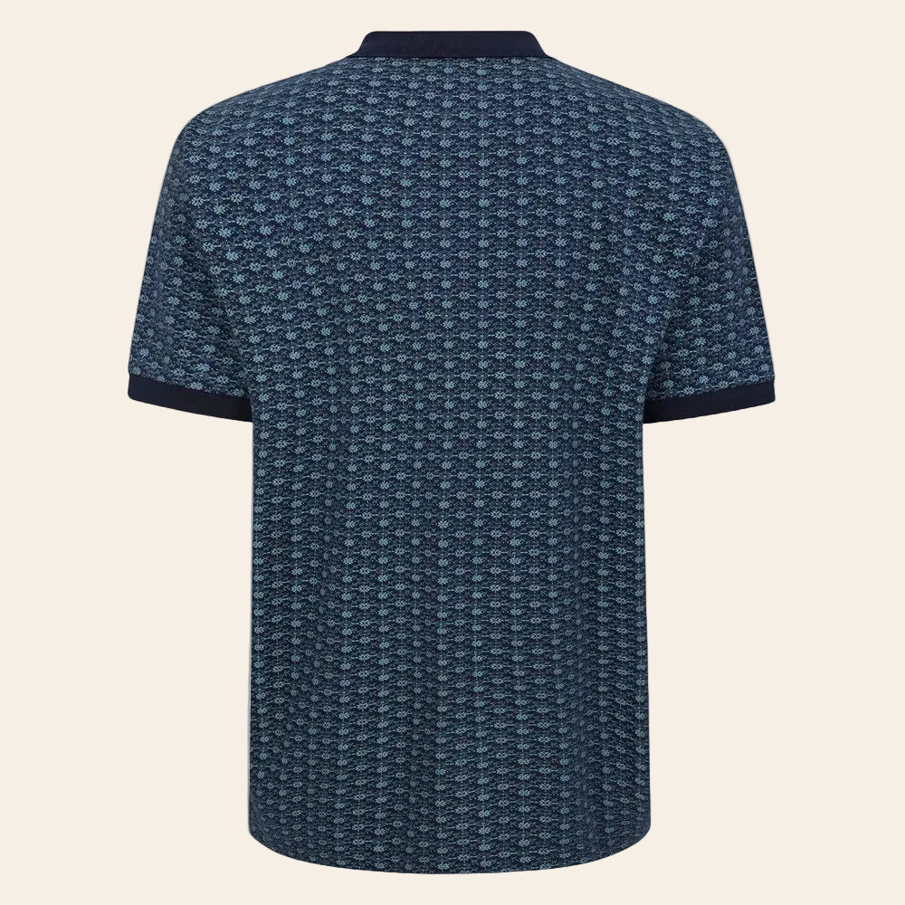 Navy micro print polo shirt with zip front short sleeves cotton fabric