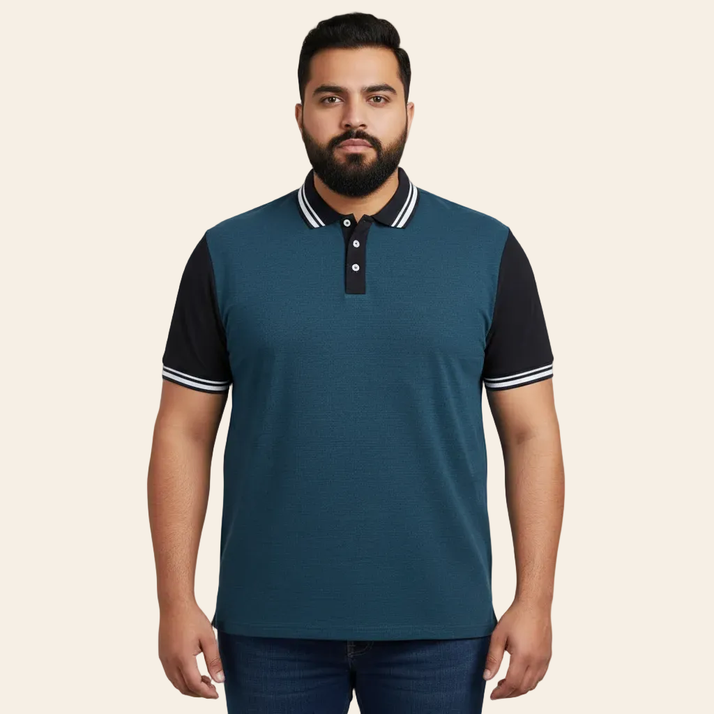 Teal two tone polo shirt with contrast sleeves and tipped collar