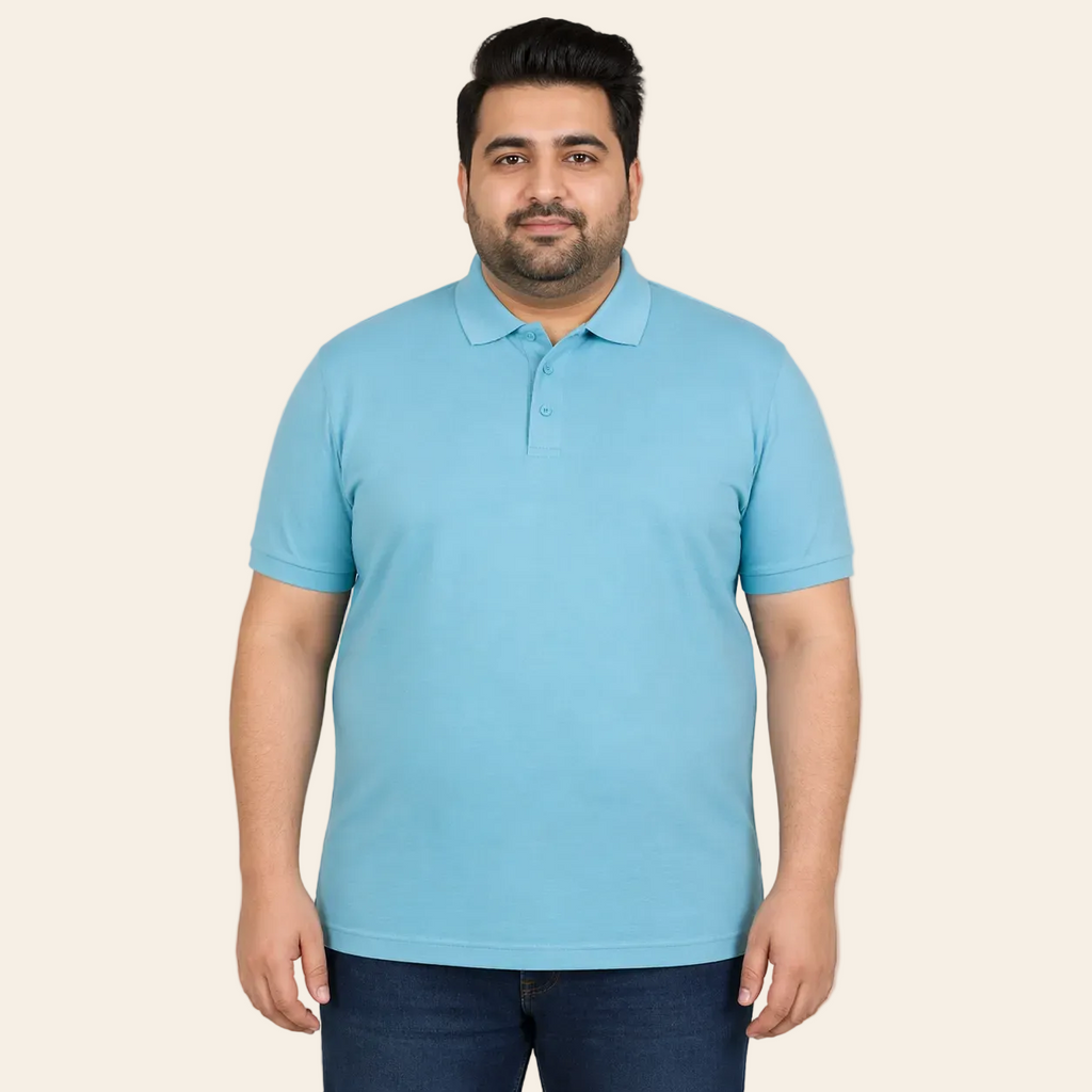 Turquoise soft jersey cotton polo shirt with flat knit collar and three button placket for summer wear