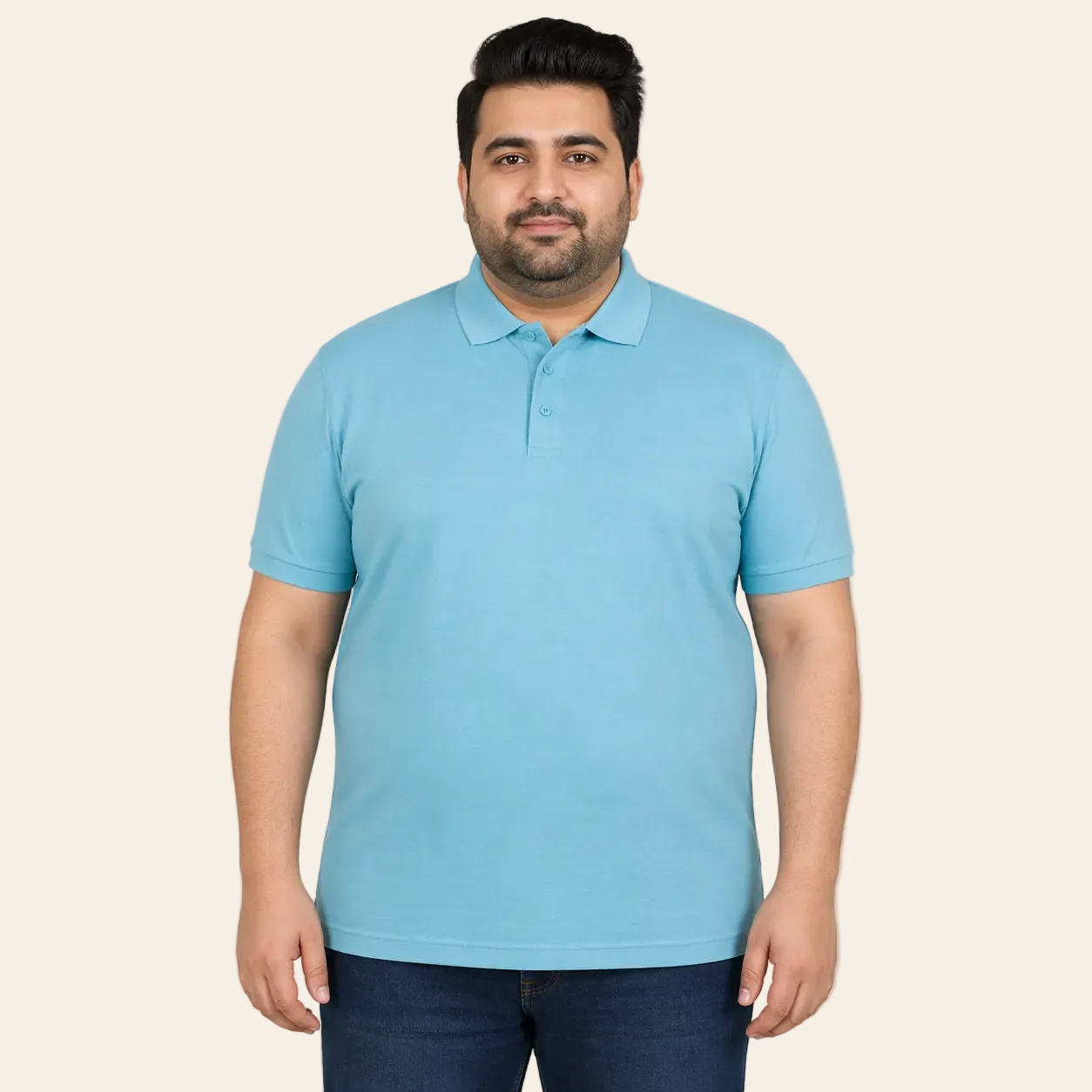 Turquoise soft jersey cotton polo shirt with flat knit collar and three button placket for summer wear