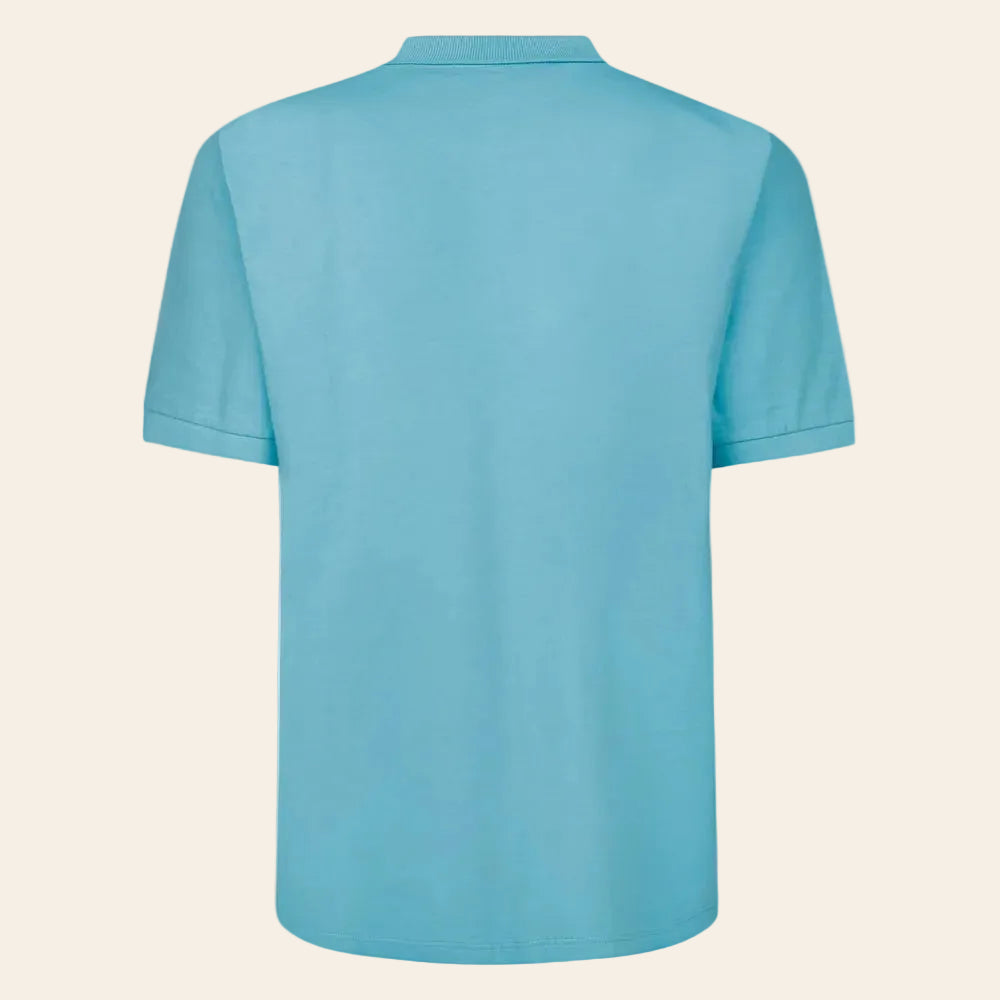 Turquoise soft jersey cotton polo shirt with flat knit collar and three button placket for summer wear